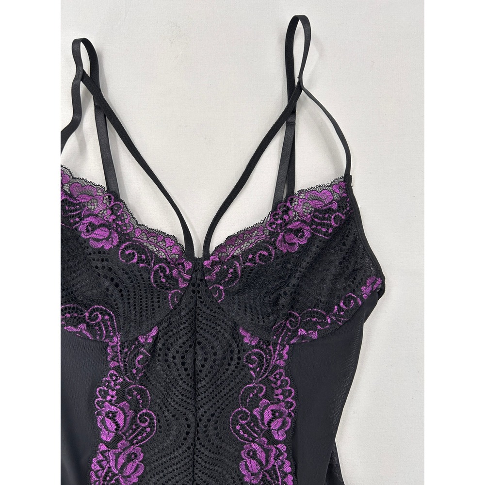 Avidlove Womens Black Purple Lace Mesh Garter Bodysuit Lingerie Size M